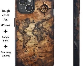 Etui na telefon z zabytkową mapą świata i starym kompasem, antyczna mapa skarbów piratów w kształcie globusa, prezent na iPhone'a, Google Pixel, Samsunga Galaxy