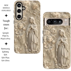 Neue Modelle verfügbar! Jungfrau Maria Blumen Handy Hülle, Elegante Ivory Art Tough Cover für Google Pixel 8, 8 Pro, Samsung Galaxy 24, Plus, Ultra