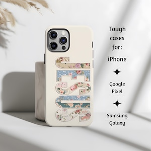 May include: A cream-colored phone case with the name "SUSIE" in a floral patchwork design. The case is for an iPhone, with the words "Tough cases for: iPhone, Google Pixel, Samsung Galaxy" in the background.