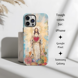 Jesus Christ Sacred Heart Collage Style Catholic Phone Case, Jesus Divine Mercy Artwork Tough Cover for iPhone, Google Pixel, Samsung Galaxy