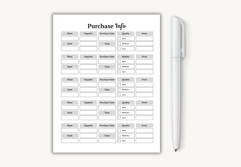 May include: A black and white printable purchase info log with columns for plant, supplier, purchase date, time, quality, and price. The log is designed for tracking plant and seed purchases.
