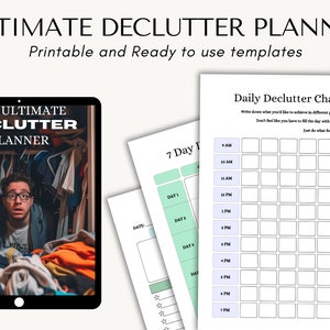 Könnte beinhalten: Ein digitaler Planer mit einem grün-weißen Cover mit dem Text "The Ultimate Declutter Planner". Der Planer beinhaltet eine 7-Tage-Entrümpelungsherausforderung und eine tägliche Entrümpelungsherausforderung.