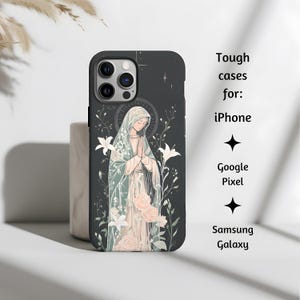 Unsere Dame von Lourdes Floral katholische Handyhülle, Jungfrau Maria Kunst Tough Cover für iPhone, Google Pixel und Samsung Galaxy