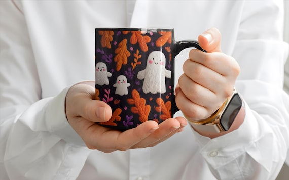 Cute Halloween Ghosts Embroidery Style Mug