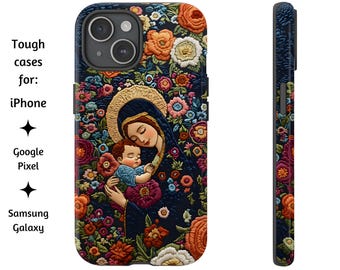 Telefonskal med broderade blommor från Madonna och barnet, katolskt telefonskal, sött blommigt skal för iPhone, Google Pixel och Samsung Galaxy