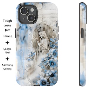Coque de portable fleurs bleues Notre-Dame de Fatima, oeuvre d'art Vierge Marie, coque de portable catholique pour iPhone, Google Pixel et Samsung Galaxy