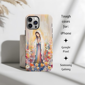 Jonge Maagd Maria bloemen abstract katholiek telefoonhoesje, Heilige Maagd Mariagebed Tough Cover voor iPhone, Google Pixel en Samsung Galaxy