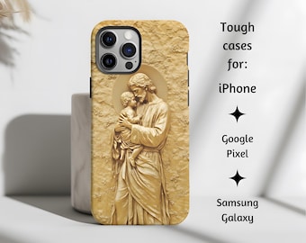 Saint Joseph and Baby Jesus Gold Relief Style Catholic Phone Case, St. Joseph Father Tough Cover for iPhone, Google Pixel, & Samsung Galaxy