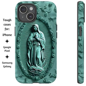 Unsere Dame von Guadalupe Türkis Relief Handyhülle, Jungfrau Maria Kunst, Robuste katholische Abdeckung für iPhone, Google Pixel und Samsung Galaxy