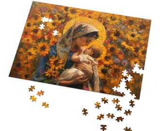Jungfru Maria och Jesus blommor pussel, katolska Maria konstpussel för vuxna, familjer, lärare och mentorer (110, 252, 500, 1000 bitar)