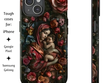 Jungfru Maria och Jesusbarnets rosmålning, katolskt telefonskal, ortodox ikon, kristet telefonskal iPhone, Google Pixel och Samsung Galaxy