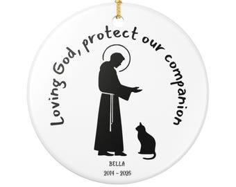 Cat Memorial Catholic Ornament, St. Francis of Assisi Personalized Pet Memory Ceramic Christmas Ornament Family Gift Bundle, Custom Pet Gift