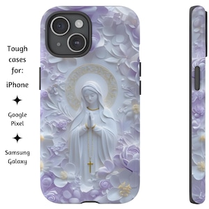Unsere Dame von Fatima Lavendel Blumen Handyhülle, Jungfrau Maria Kunstwerk, katholische Handyhülle für iPhone, Google Pixel und Samsung Galaxy