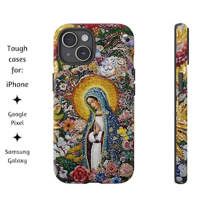 Selige Jungfrau Maria Blumen-Mosaik-Perlen-katholische Telefon-Hülle, Mosaik-Collage-Art Tough Cover für iPhone, Google Pixel und Samsung Galaxy