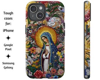 Blessed Virgin Mary Floral Mosaic Beads Catholic Phone Case, Mosaic Collage Style Tough Cover for iPhone, Google Pixel, and Samsung Galaxy