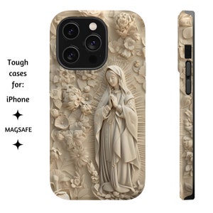 MAGSafe Jungfrau Maria Floral Handyhülle, elegantes elfenbeinfarbenes katholisches Tough Cover für iPhone 13, 14, 15, Pro, Plus, Pro Max, Our Lady of Guadalupe