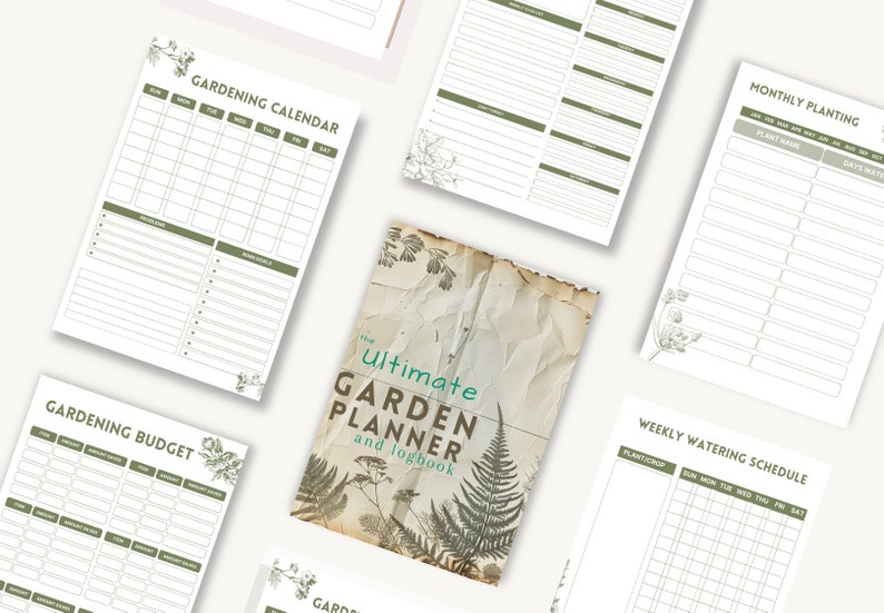 May include: A printable garden planner and logbook with a vintage aesthetic. The cover features a textured background with botanical illustrations and the text "The Ultimate Garden Planner and Logbook". The planner includes sections for a gardening calendar, budget, monthly planting, and weekly watering schedule.
