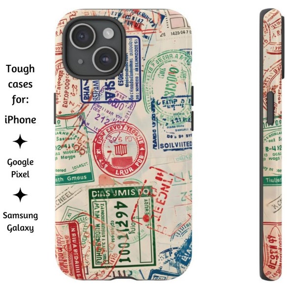 World Traveler Passport Stamps Tough Phone Case, Cute Boarding Pass Scrapbook Style Cover for iPhone, Samsung Galaxy, Google Pixel