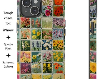 Estuche para teléfono con collage de sellos de flores silvestres, estilo álbum de recortes, para iPhone, Google Pixel y Samsung Galaxy. Disponible en embalaje de regalo.