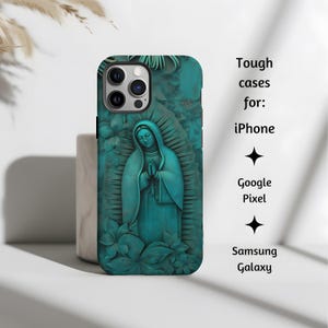 Our Lady of Guadalupe Turquoise Catholic Phone Case, Virgin Mary Floral Art Style Phone Cover Gift,  iPhone, Google Pixel, Samsung Galaxy
