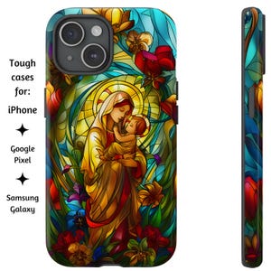Jungfrau Maria und Baby Jesus Buntglas-Stil Telefon-Hülle, katholische Telefon-Hülle, Madonna mit Kind für iPhone, Google Pixel, & Samsung Galaxy