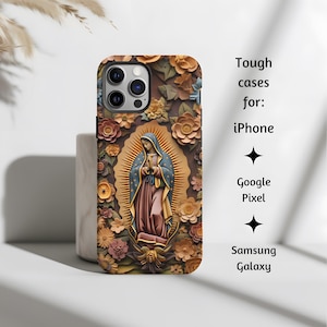 Unsere Dame von Guadalupe Floral Phone Hülle, Jungfrau Maria Tough Cover, Elegante katholische Holz Style Case für iPhone, Google Pixel, Samsung Galaxy