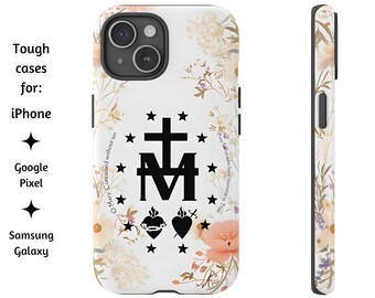 Funda para teléfono católica con la Medalla Milagrosa y flores silvestres, carcasa resistente católica con la Santísima Virgen María para iPhone, Google Pixel y Samsung Galaxy