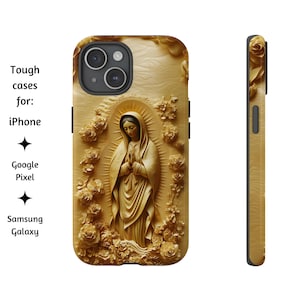 Unsere Dame von Guadalupe Gold-Katholische Telefonhülle, Goldrelief-Stil katholische Heilige Tough Cover für iPhone, Google Pixel und Samsung Galaxy