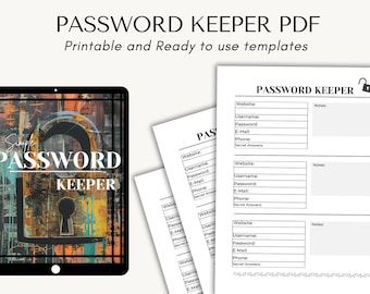Eenvoudige wachtwoordbeheer-PDF, maak een gepersonaliseerd notitieboekje voor wachtwoorden en logins, invulbare wachtwoordtracker-boekpagina's voor binder