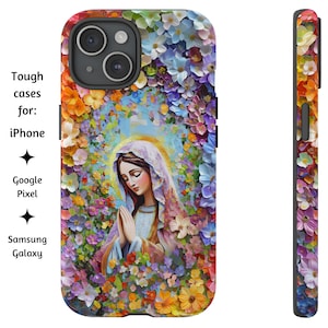 Unsere Dame von Fatima Mosaik Blumen Handyhülle, Jungfrau Maria katholische Handyhülle für iPhone, Google Pixel und Samsung Galaxy Modelle