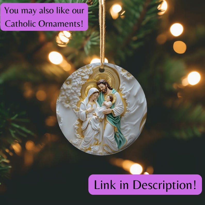 May include: A white ceramic Christmas ornament featuring a depiction of the Holy Family.  The ornament shows Mary, Joseph, and baby Jesus in a traditional style.  The ornament is round and has a gold string for hanging.