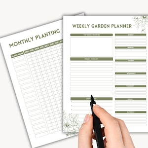 May include: A printable garden planner with a monthly planting chart and a weekly garden planner. The chart includes a section for plant names and a grid for each month of the year. The weekly planner includes sections for top weekly priorities, weekly to-do list, and a daily schedule for each day of the week.