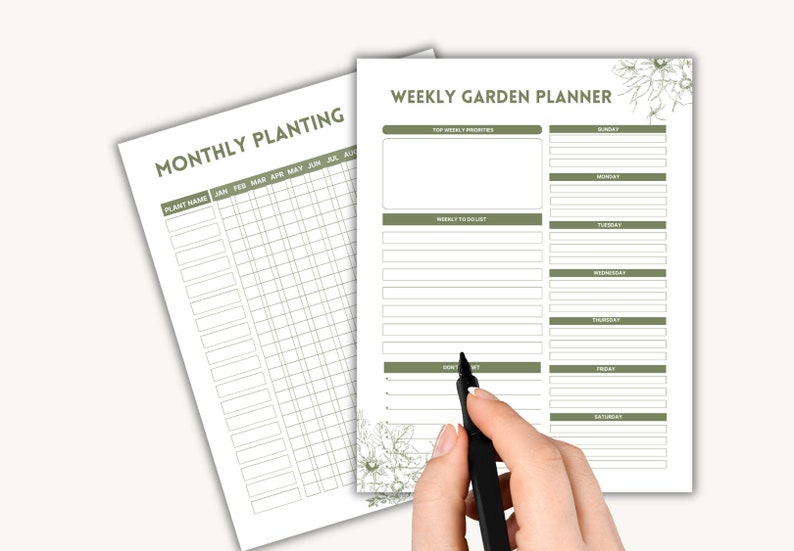 May include: A printable garden planner with a monthly planting chart and a weekly garden planner. The chart includes a section for plant names and a grid for each month of the year. The weekly planner includes sections for top weekly priorities, weekly to-do list, and a daily schedule for each day of the week.