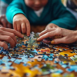 May include: A group of people working together to complete a colorful jigsaw puzzle. The puzzle pieces are scattered on a wooden table, and the people are carefully placing the pieces together.