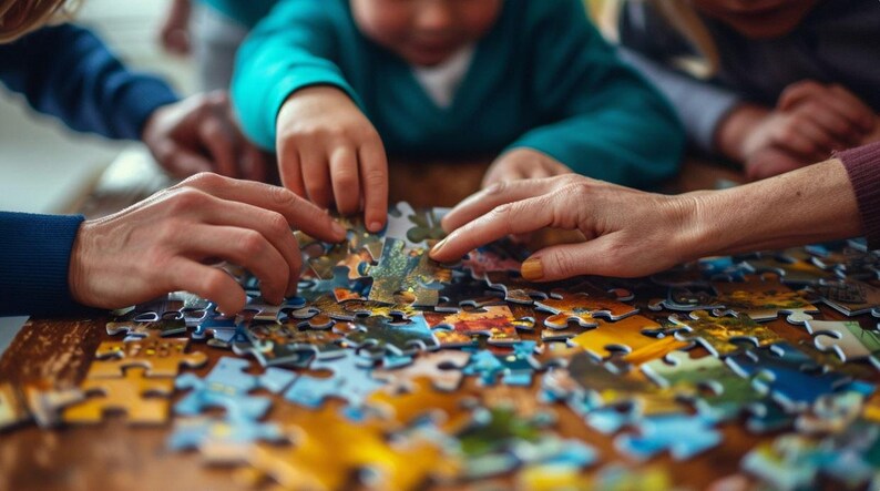 May include: A group of people working together to complete a colorful jigsaw puzzle. The puzzle pieces are scattered on a wooden table, and the people are carefully placing the pieces together.