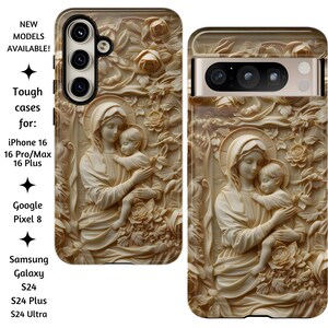 Neue Modelle verfügbar! Jungfrau Maria und Jesuskind Blumen katholische Handyhülle, iPhone 16, Google Pixel 8 und Samsung Galaxy 24 Modelle