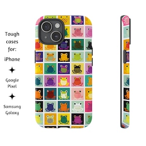 May include: A colorful phone case with a pattern of frogs in various colors and poses. The case is designed for an iPhone.