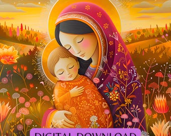 Virgin Mary and Sleeping Baby Jesus Wildflowers Digital Download, Canvas Print Mary Jesus Art, Holy Family Catholic Painting Mary Jesus Gift