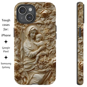 Jungfrau Maria und Jesuskind Blumen Handy Hülle, Elegante Elfenbein Religiöse Kunst Katholische Tough Cover für iPhone, Google Pixel und Samsung Galaxy