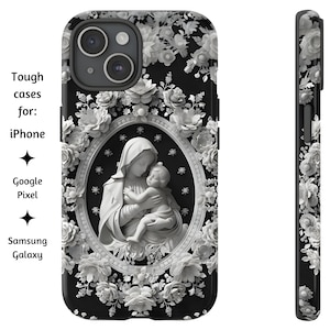 Jungfrau Maria und Baby Jesus Elfenbein schwarze Telefonhülle, Madonna mit Kind weiße Rosen katholische Telefonhülle, iPhone, Google Pixel & Samsung Galaxy