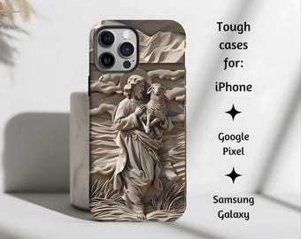 Jesus Christus hält Lamm Handyhülle, Elegante Ivory 3D Katholische Handyhülle, Christliche Tough Cover für iPhone, Google Pixel, & Samsung Galaxy