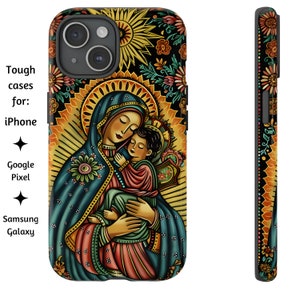 Jungfrau Maria und Jesuskind Chicano Kunst Handyhülle, christliches Kunstwerk, robuste katholische Handyhülle für iPhone, Google Pixel und Samsung Galaxy