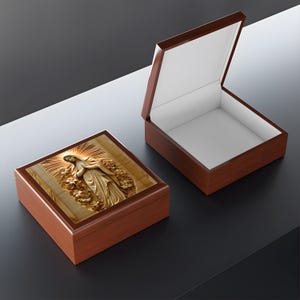 Unsere Dame von Fatima Schöne Andenken Rosenkranz Box, Holzschnitzerei Stil katholisches Schmuckschatulle Geschenk, Jungfrau Maria katholisches Rosenkranz Geschenk