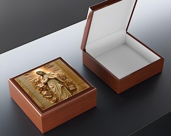 Our Lady of Fatima Beautiful Keepsake Rosary Box, Wood Carving Style Catholic Jewelry Box Gift, Blessed Virgin Mary Catholic Rosary Gift