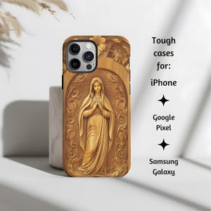Unbeflecktes Herz von Mary Holzschnitzerei-Stil katholische Telefonhülle, Jungfrau Maria Tough Floral Cover für iPhone, Google Pixel und Samsung Galaxy