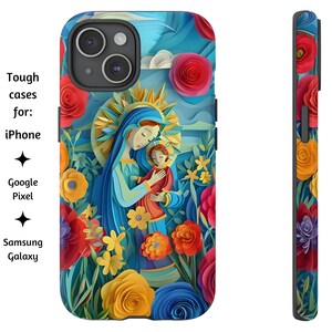 Maria und Jesus Papierkunst-Handyhülle, Jungfrau Maria Tough Cover, katholische Handyhülle, Blumenstil für iPhone, Google Pixel und Samsung Galaxy