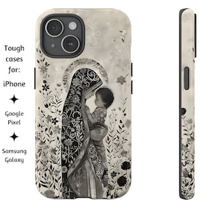 Madonna y el niño dibujo a tinta floral caja de teléfono católico, elegante arte de la Virgen María y el Niño Jesús, cubierta resistente para iPhone, Pixel y Samsung