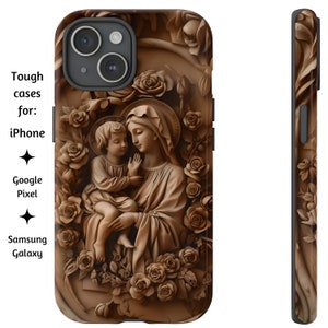 Jungfrau Maria und Baby Jesus Teak Stil katholische Telefonhülle, Madonna mit Kind Holzschnitzerei Bildhülle, iPhone, Google Pixel und Samsung Galaxy
