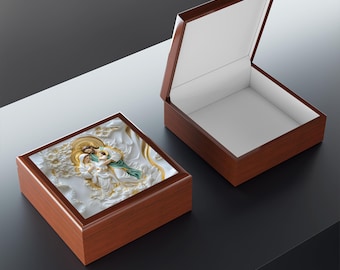 Holy Family Heavenly Keepsake Rosary Box, Elegant 3D Marble Style Catholic Rosary Jewelry Box Gift, Blessed Virgin Mary Catholic Rosary Gift