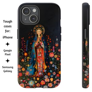 Jungfrau Maria Acrylmalerei-Stil Handyhülle, katholische Handyhülle, Blumen Handyhülle für iPhone, Google Pixel und Samsung Galaxy